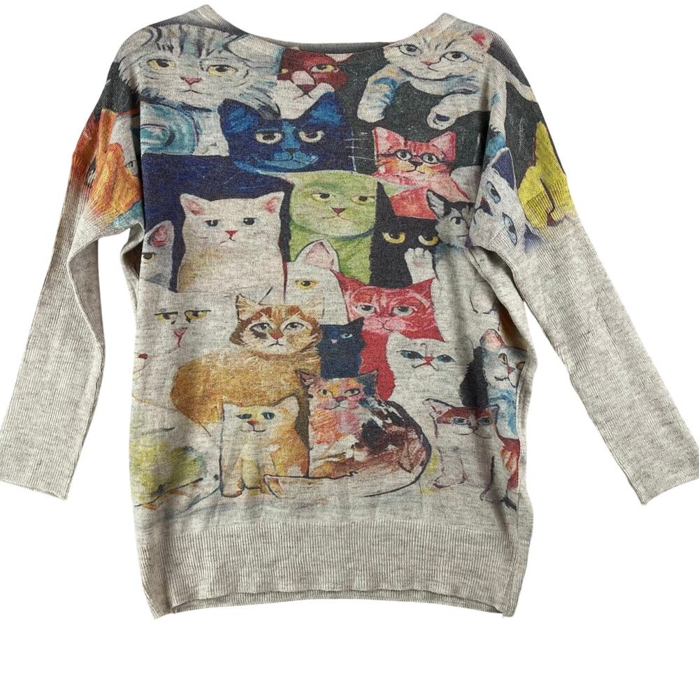 YESNO Womens Whimsical Cat Print Pullover Sweater M Oatmeal Wool Cotton Blend
